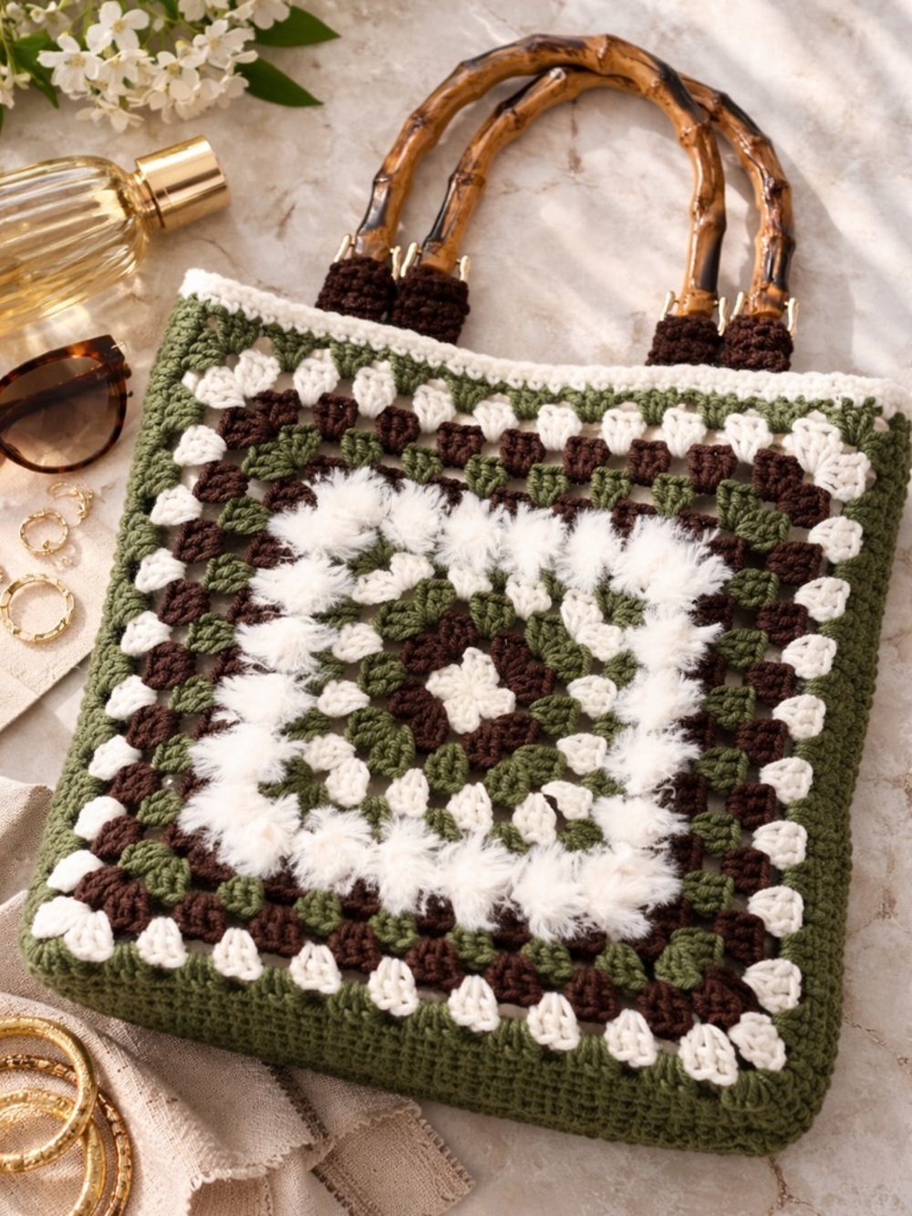 Tote Square Crochet Bamboo Handles Olive Brown Cream Boho Chic Purse